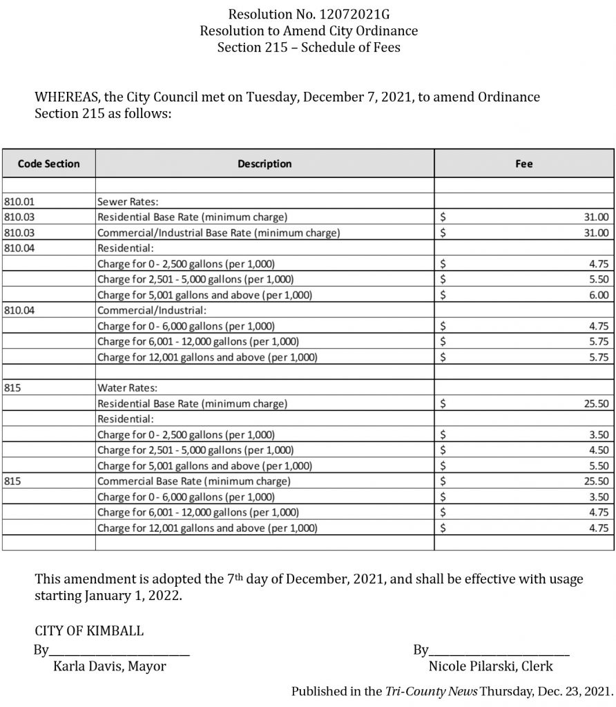 Kimball Resolution amending water/sewer fees