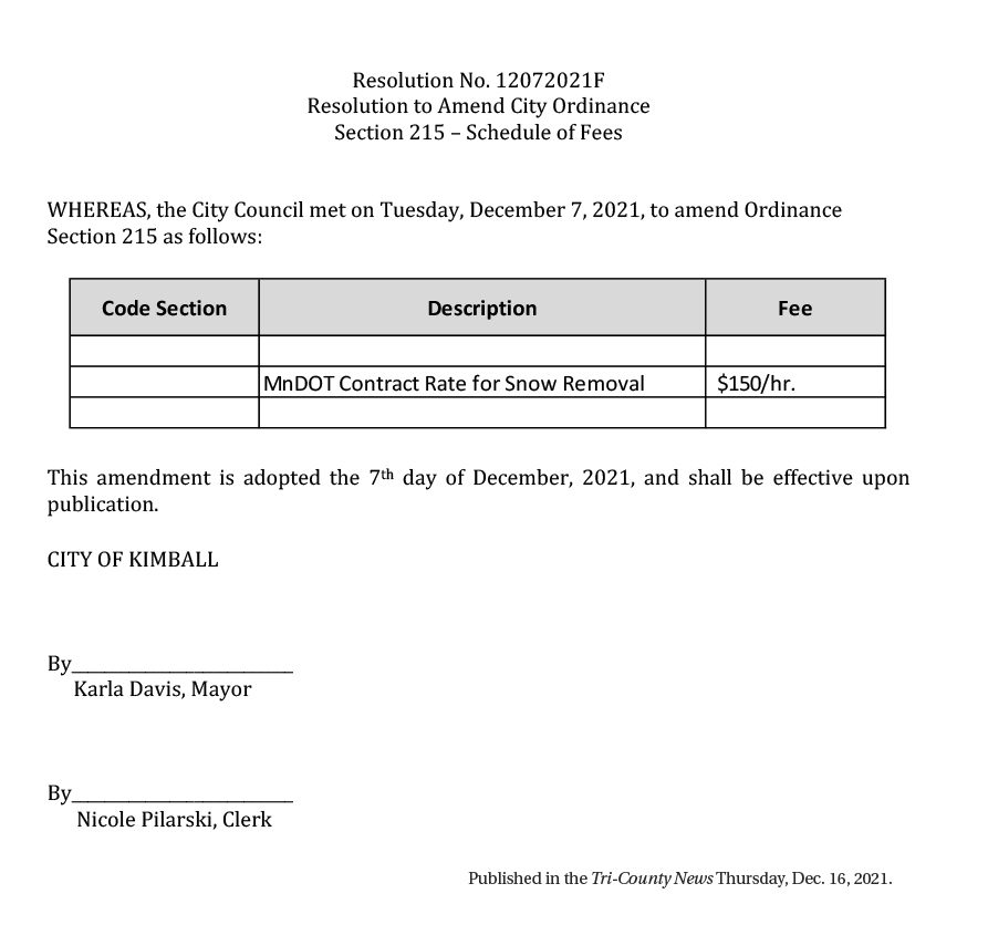 Kimball Schedule of Fees amendment
